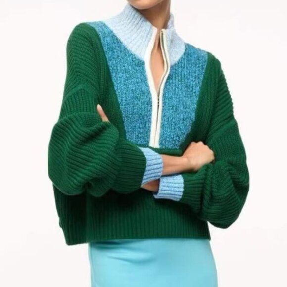 STAUD Cropped Hampton Sweater - Jungle Emerald/Blue Pullover Knit - Picture 1 of 9
